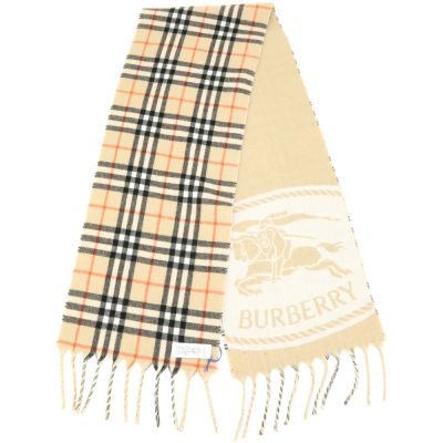 BURBERRY 巴寶莉 100%喀什米爾 沙色格紋雙面兩用戰馬騎士流蘇圍巾(168x28CM)