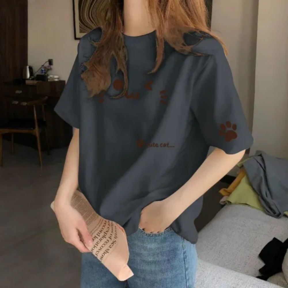 【LANNI 藍尼】★貓咪表情印花百搭圓領T恤(女裝/短袖上衣/休閒/日系/通勤) (灰)