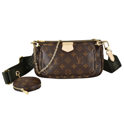 LOUIS VUITTON路易威登 LV M44813 MULTI POCHETTE ACCESSOIRES橘字壓印LOGO帆布三件式拉鍊斜背包(棕)