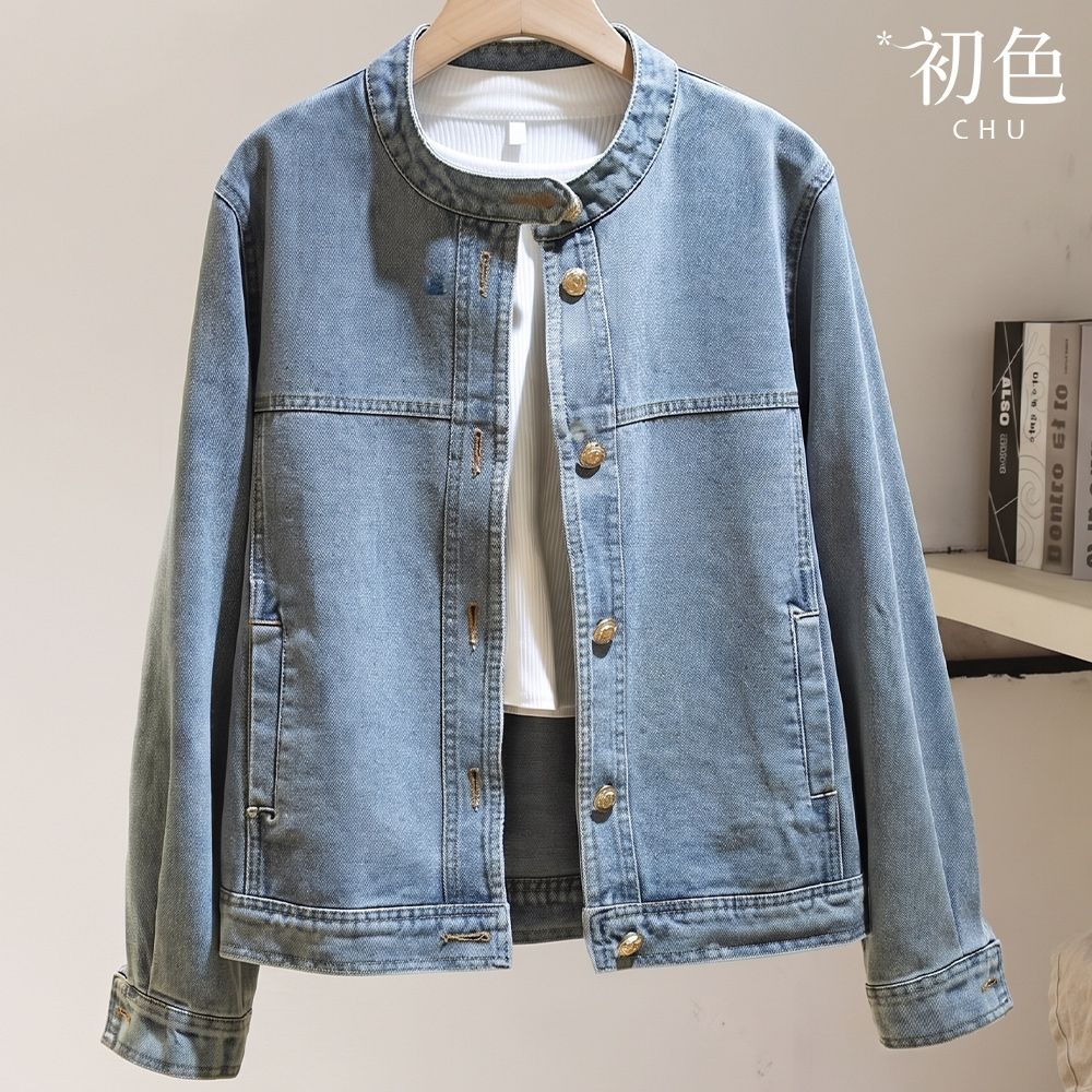 初色 復古休閒風純色圓領拼接金扣寬鬆百搭長袖牛仔夾克外套女外套-藍色-54037(M-3XL可選★)