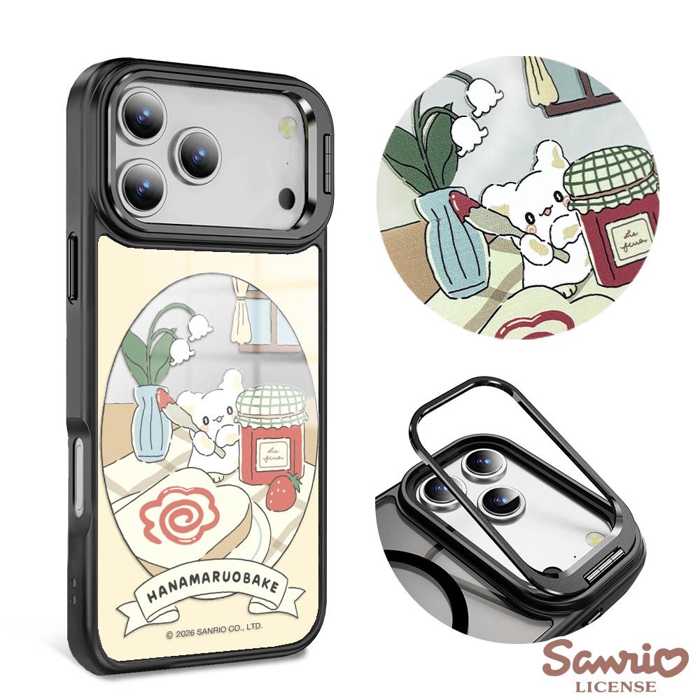 三麗鷗 iPhone 18/17/16/15/14/13系列 防摔合金框隱形立架鏡面磁吸手機殼--果醬花丸-黑框