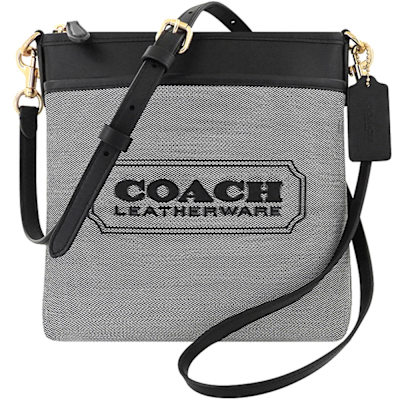 COACH 專櫃款黑色厚織帆布撞色拼接斜背包