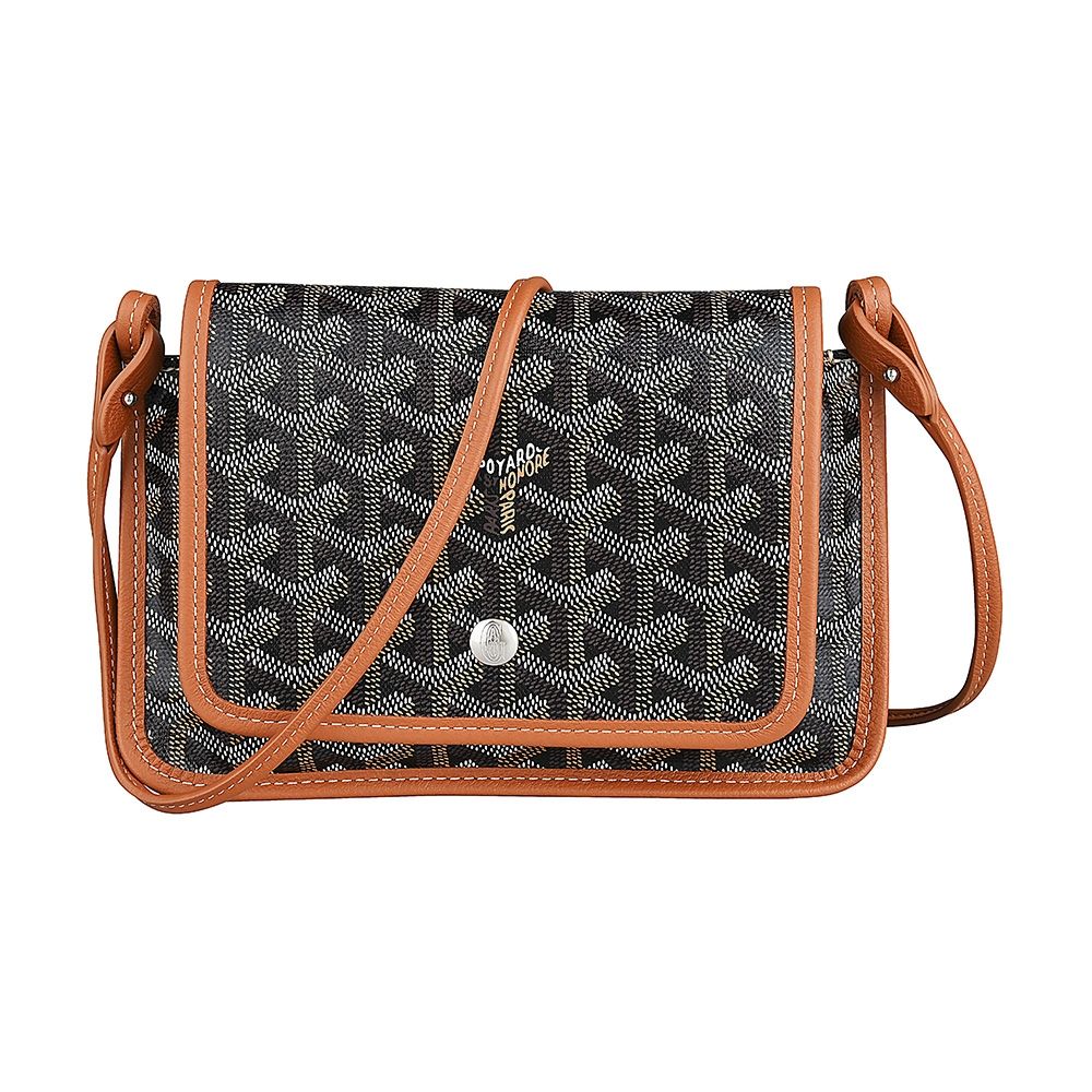 GOYARD PLUMET G字金屬扣LOGO花紋帆布拼小牛皮釦式三層斜背包(黑x棕褐)