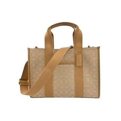 COACH LOGO淺卡其C LOGO緹花布拼接荔枝紋皮革手提/斜背立體方包(大款)