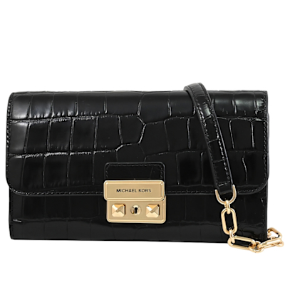 MICHAEL KORS TRIBECA 金屬釦LOGO鱷魚壓紋皮革翻蓋式斜背包/WOC(黑)