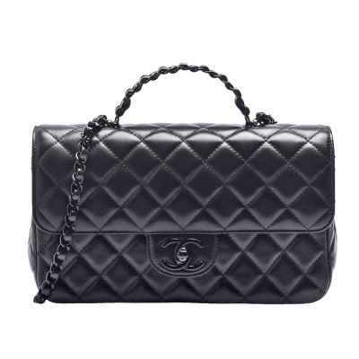 CHANEL香奈兒 CHANEL 經典COCO黑色雙C LOGO菱格紋小羊皮手提/斜背包(23cm-黑色)