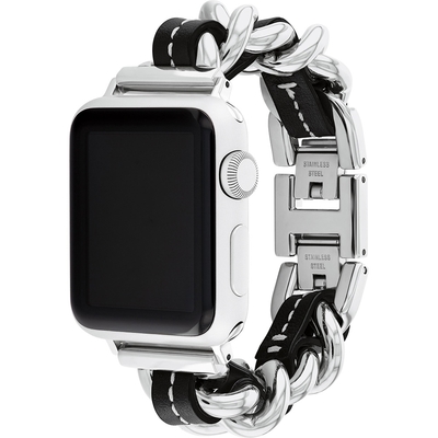 COACH Apple Watch 錶帶 38/41mm 適用 鍊帶結合皮錶帶 寵愛媽媽 送禮推薦- 銀x黑(不含手錶)