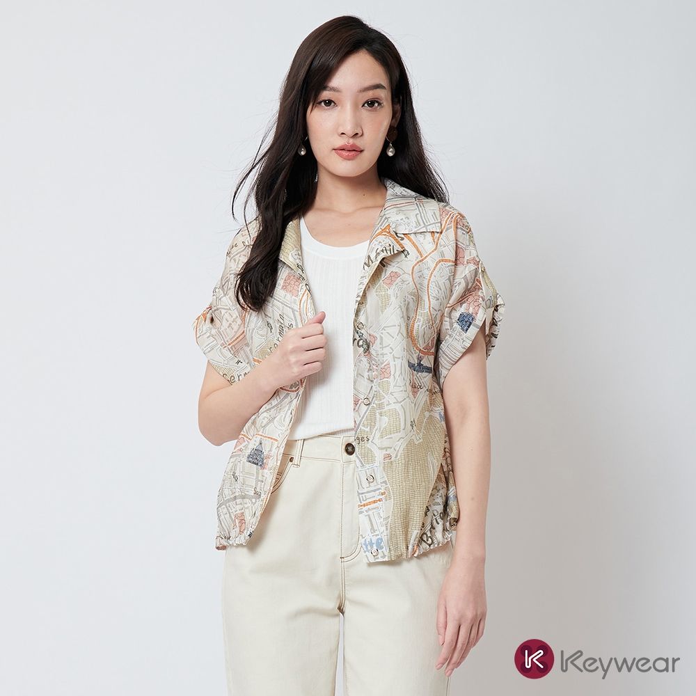 KeyWear奇威名品    城市地圖印花短袖襯衫-深米色