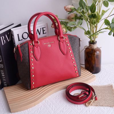 MICHAEL KORS SIENNA 撞色拼接手提斜背兩用包(紅/深咖)