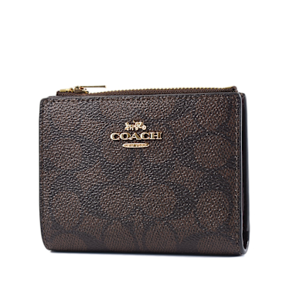 COACH 緹花LOGO防刮皮革釦式對開短夾-咖啡色