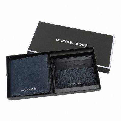 MICHAEL KORS 荔枝紋皮革短夾+撞色名片夾禮盒組(海軍藍)