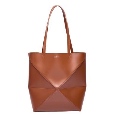 LOEWE 羅威 Puzzle Fold Tote 中款 亮面牛皮 折疊 肩背包 托特包 松鼠棕色