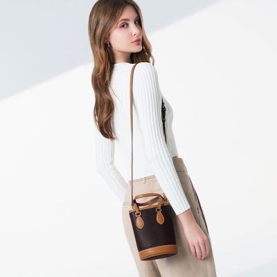 2R 輕軟牛皮mini配色圓筒小斜背包 深咖啡/皮感棕