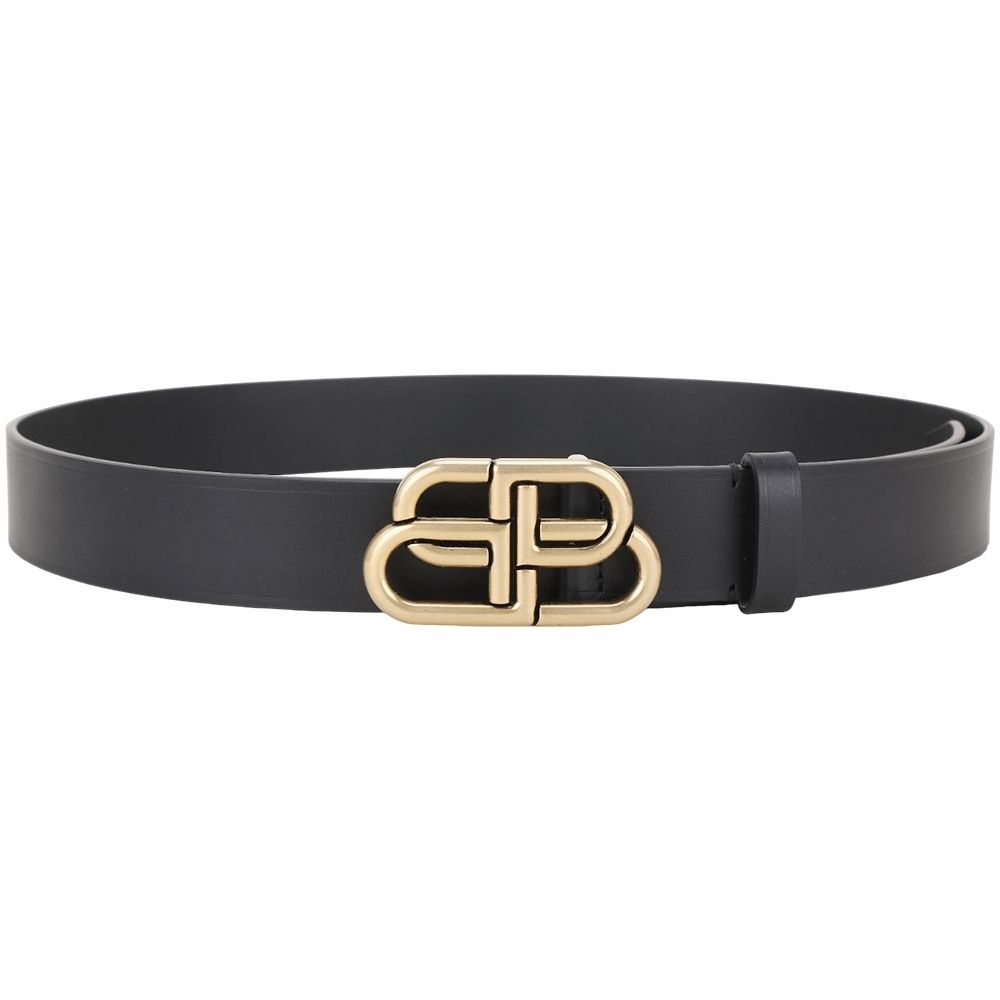 BALENCIAGA 巴黎世家 BB 35mm 復古金屬標誌小牛皮腰帶-2色可選 (金釦-黑色)