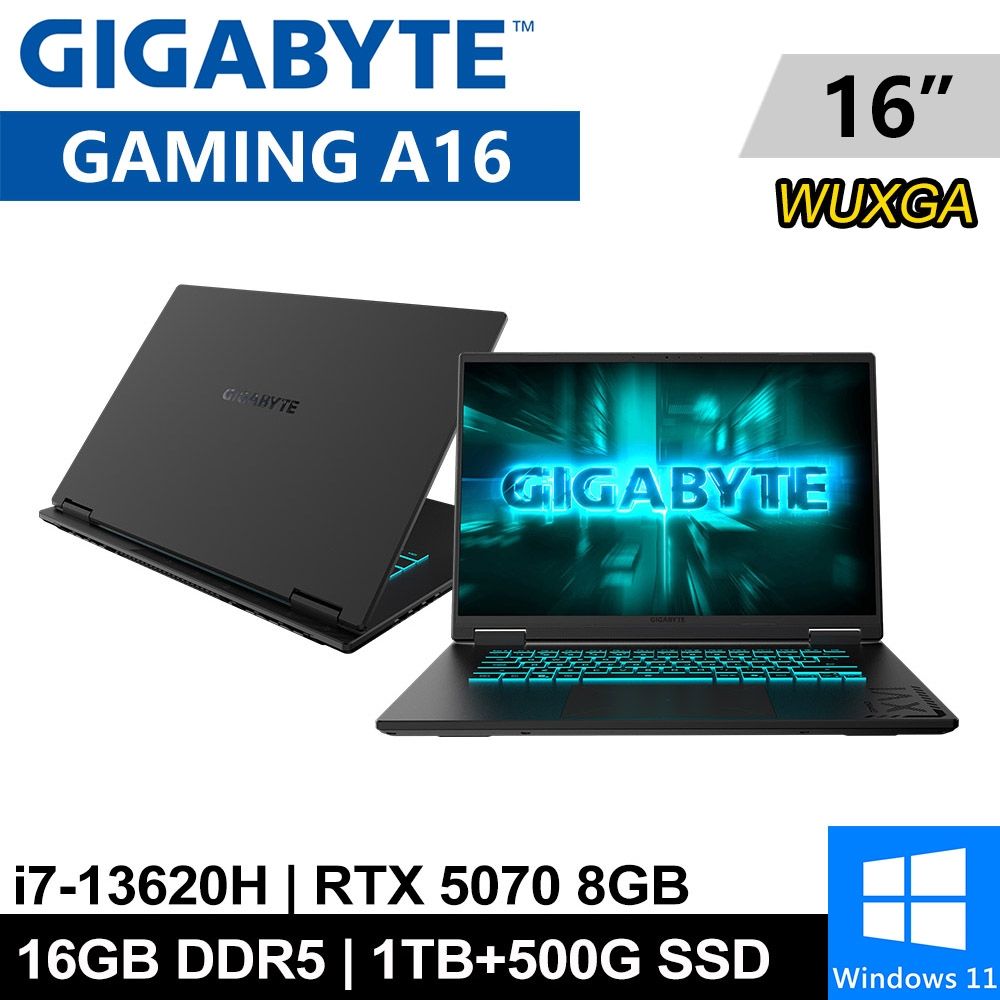 技嘉 GAMING A16 CWHI3TW894SH-SP2 16吋 黑(i7-13620H/16G DDR5/1TB+500G SSD/RTX5070 8G/W11)特仕機