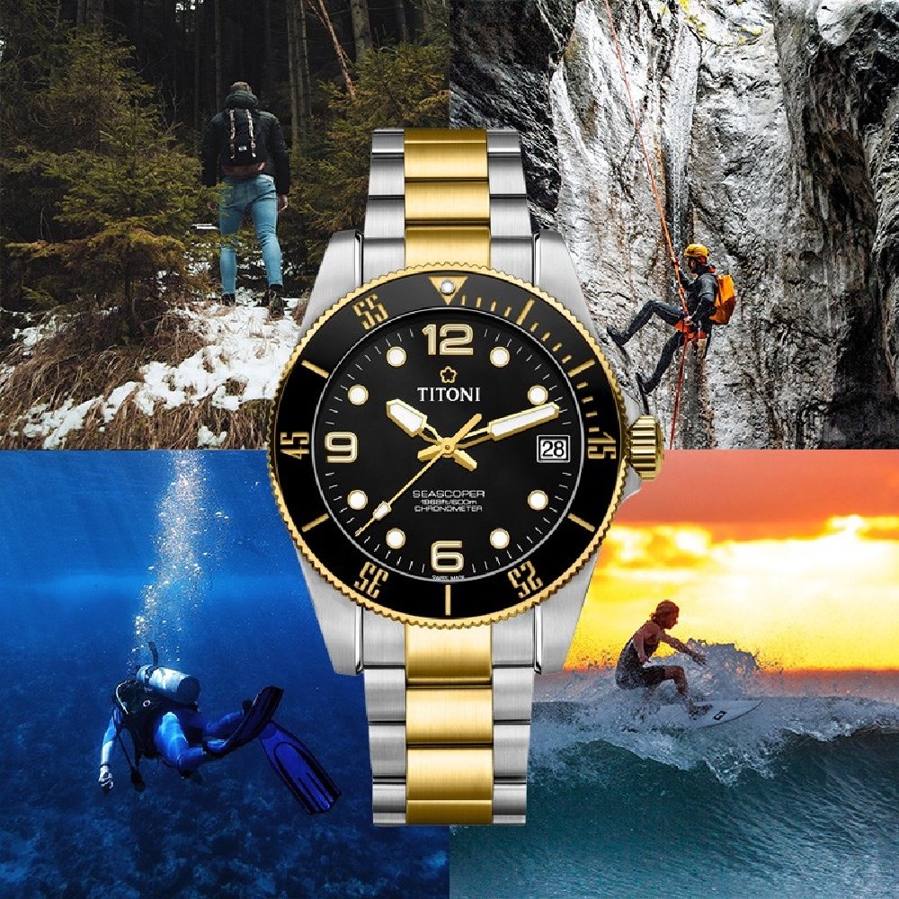 TITONI 梅花錶 海洋探索系列 83600 SY-BK-256 天文台認證 600米潛水機械錶 黑金 42mm