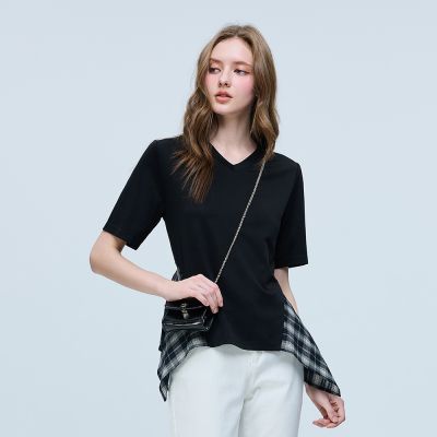 ILEY伊蕾 拼接格紋層次V領上衣(黑；M-XL)