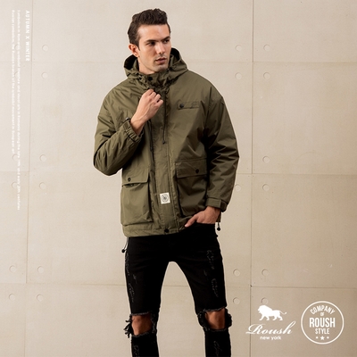 Roush 超有型 立領機能性工裝鋪棉連帽短大衣(2315539)