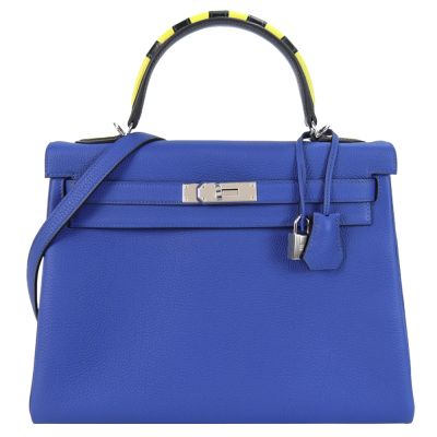 Hermes 愛馬仕 Kelly 32CM A年 Togo/Box/Mysore皮手提/肩背凱莉包(電子藍/深靛藍偏黑/萊姆黃/銀釦)