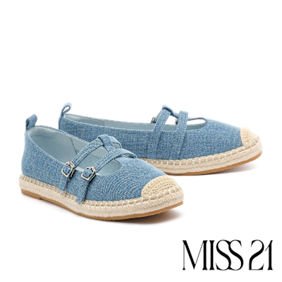 厚底鞋 MISS 21 率性優雅雙繫帶丹寧瑪莉珍草編厚底鞋－藍