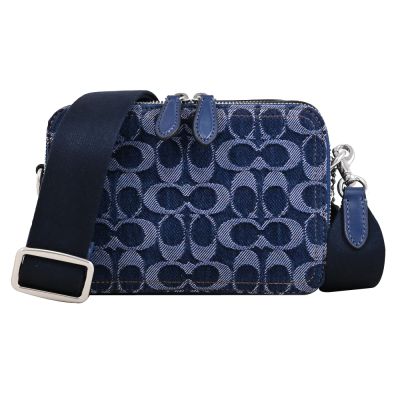 COACH CHARTER 滿版緹花牛仔布雙層拉鍊斜背包(藍)