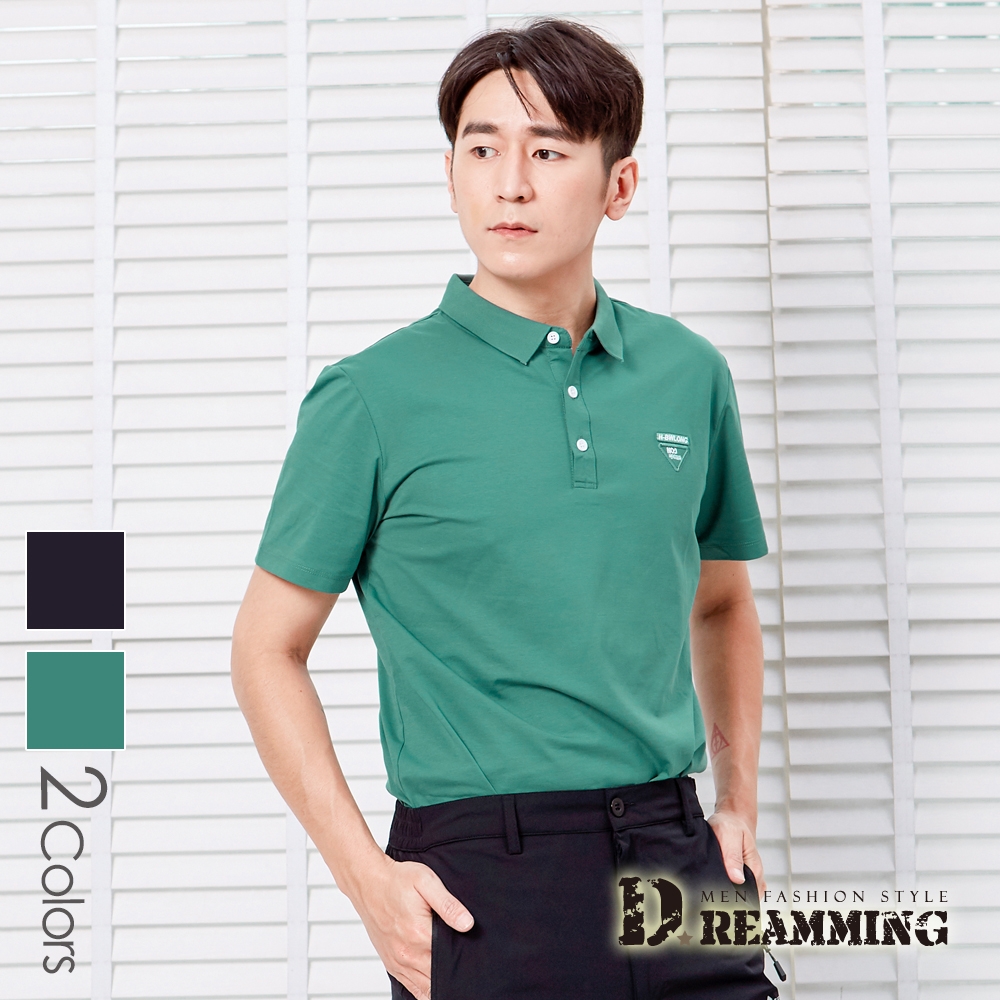 Dreamming 電繡布標彈力棉質休閒短POLO衫 親膚 透氣-共二色 (青綠)