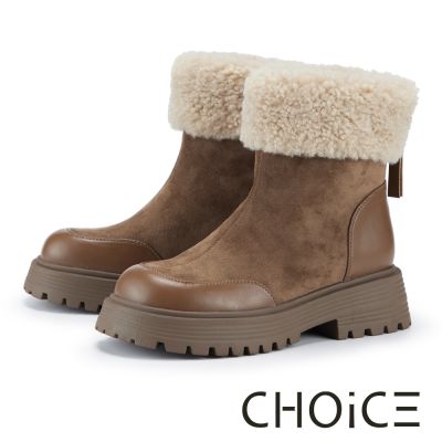 CHOiCE 經典異材質拼接厚底短靴 棕色