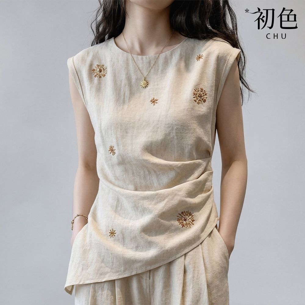 初色 亞麻風純色圓領無袖刺繡收腰不規則下擺背心女背心-杏色-51947(M-2XL可選)