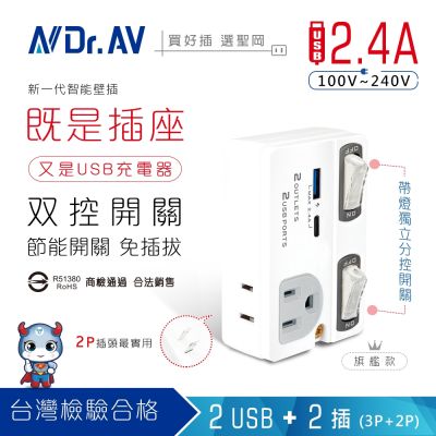【N Dr.AV聖岡科技】雙USB孔+2插 節能分接插座 2.4A快充 Type-C 獨立開關 壁插 擴充插座 TNT-863U(A)