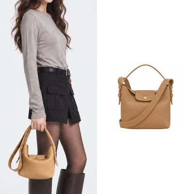 LONGCHAMP LE CADENCE系列粒面牛皮手提/斜背兩用水桶包(小/奶油焦糖)
