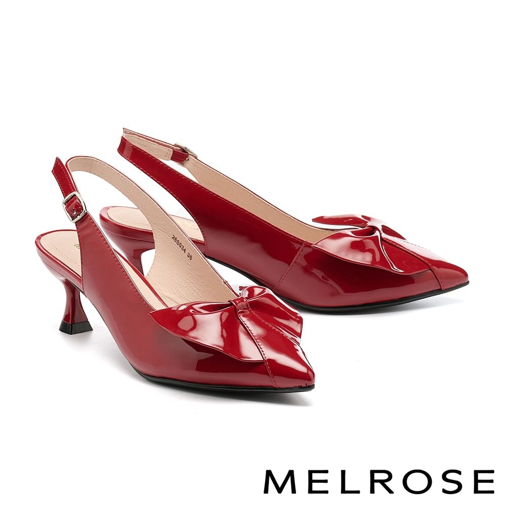 高跟鞋 MELROSE 美樂斯 時尚氣質蝴蝶扭結亮漆皮後繫帶尖頭高跟鞋－紅