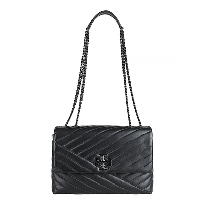TORY BURCH Kira漆黑雙T釦LOGO絎縫小羊皮吸釦鍊帶肩背斜背包(黑)