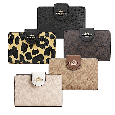 COACH 經典LOGO緹花/素色皮革釦式皮夾中夾 (多款可選)