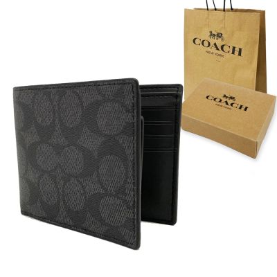COACH 新款男款8卡對折短夾附活動式證件夾禮盒+紙袋(C LOGO-黑灰)