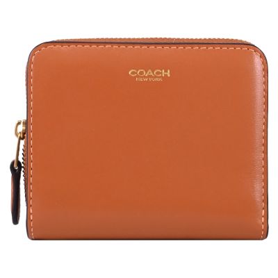 COACH 燙金LOGO素面皮革扣式零錢短夾(焦糖色)