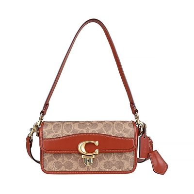 COACH STUDIO BAGUETTE金屬C字LOGO滿版印花設計塗層帆布拼接牛皮扣式手提斜背包(卡其x棕紅)