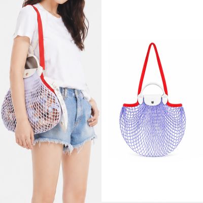 LONGCHAMP LE PLIAGE FILET系列網狀棉質撞色手提/肩背兩用包(天藍)