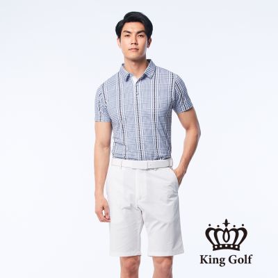 【KING GOLF】網路獨賣款-男款千鳥格印花涼感短袖POLO衫-藍色