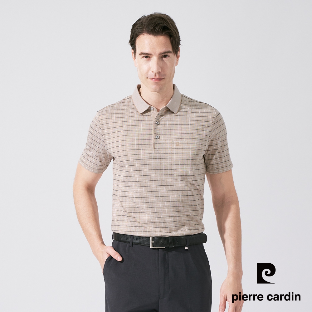 pierre cardin 皮爾卡登 男款 雙色網眼印格短袖POLO衫-卡其色(5247257-84)