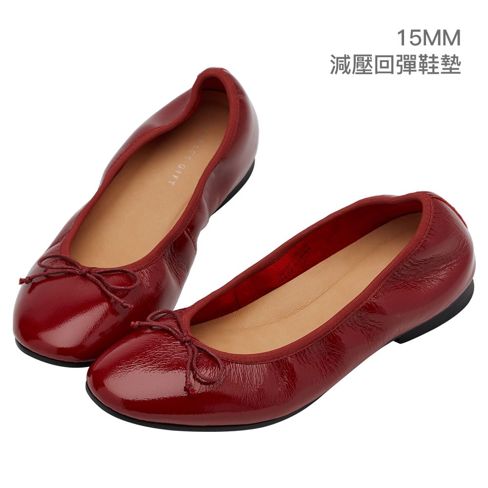 【Grace Gift】法式訂製全真皮鞋墊芭蕾平底娃娃鞋 酒紅漆