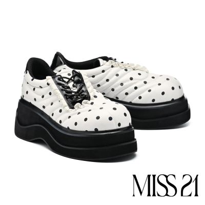 厚底鞋 MISS 21 叛逆少女荷葉邊澎澎波點亮膜布綁帶大頭厚底鞋－白