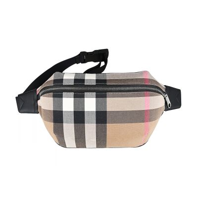 BURBERRY Sonny 內印字LOGO格紋帆布滾邊牛皮拉鍊胸掛腰包(卡其米x多色)
