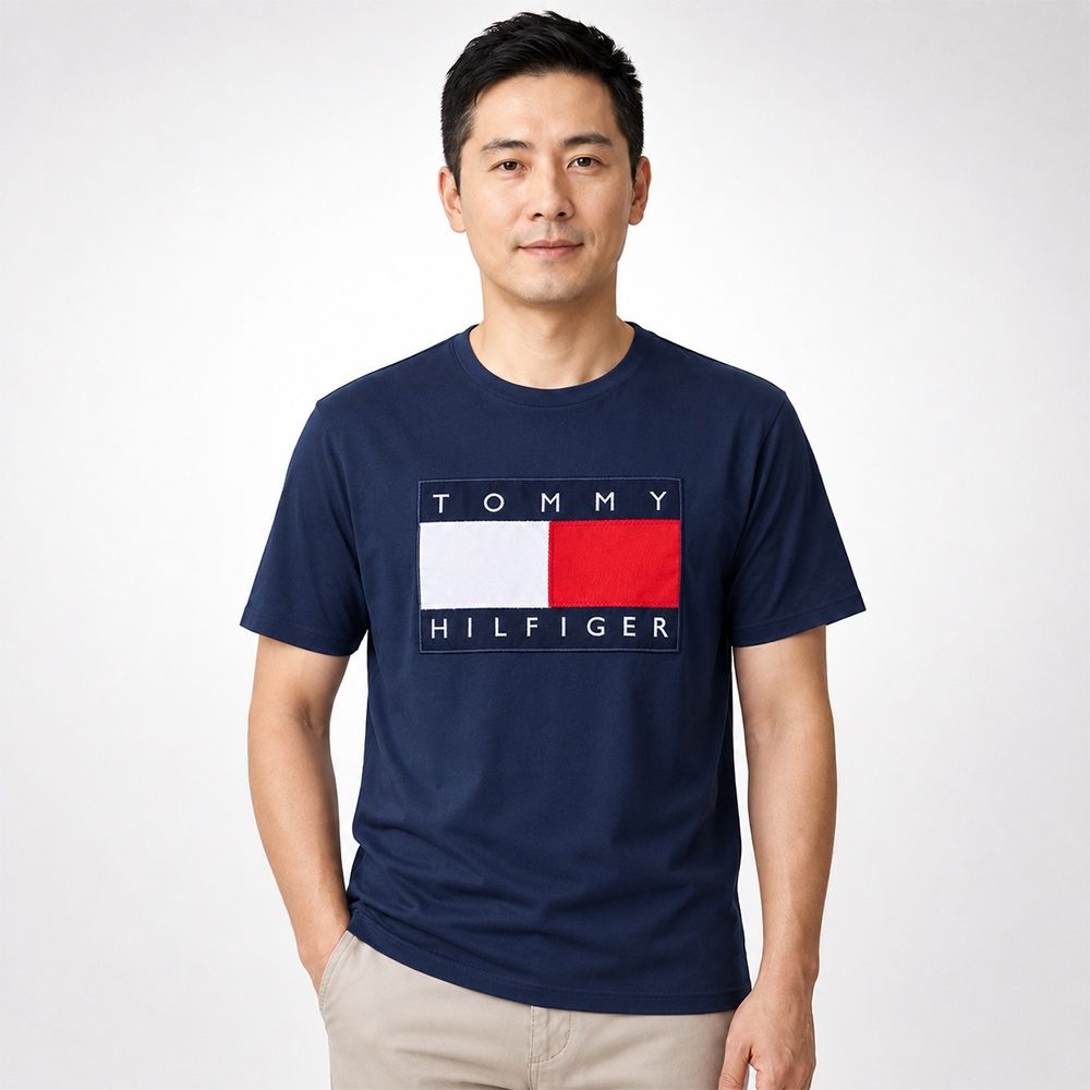 TOMMY 熱銷刺繡大Logo圖案短袖T恤-深藍色