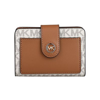 MICHAEL KORS 牛皮Mercer系列立體金字LOGO雙折6卡釦式短夾(香草白x橡木棕)