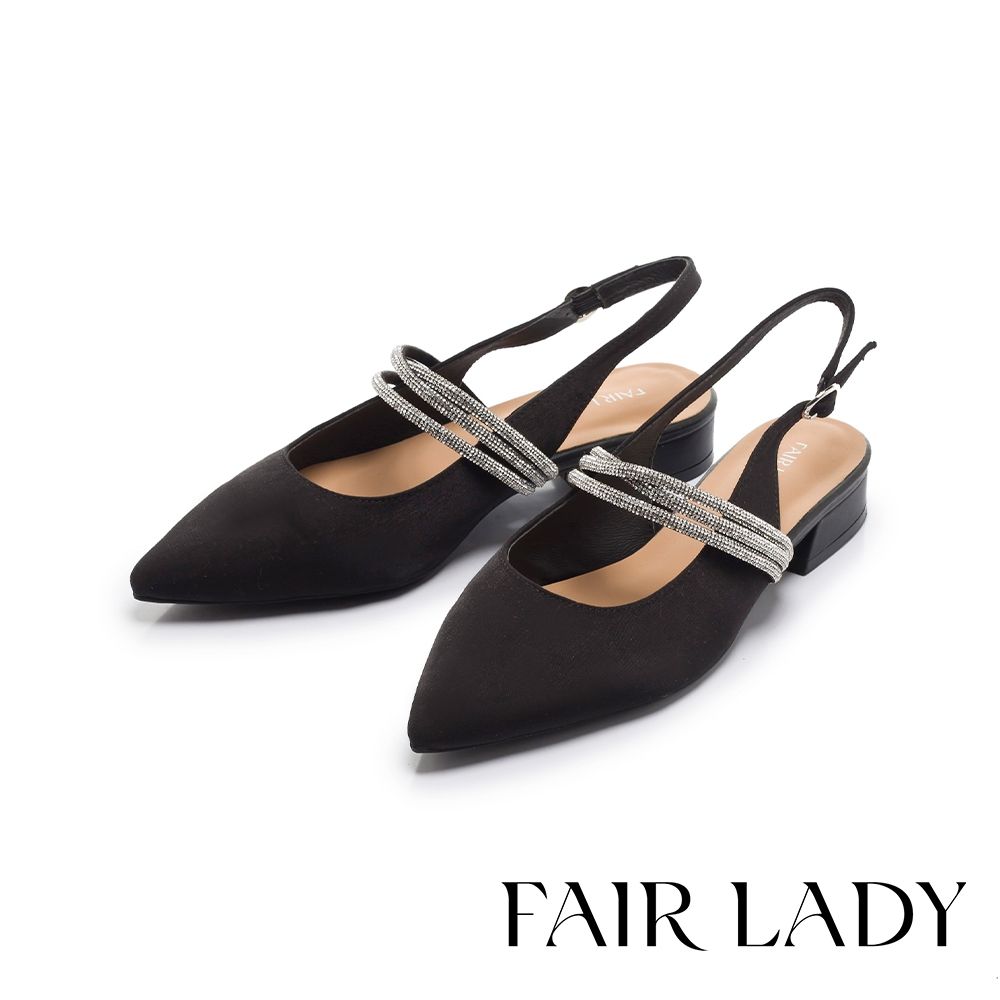 FAIR LADY 優雅小姐 鑽鍊雙帶尖頭瑪莉珍涼鞋 絲綢黑 (3A3124)