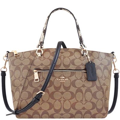COACH 咖啡黑色大C PVC蟒蛇紋滾邊手提/斜背兩用包