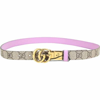 GUCCI 古馳 Marmont GG 金釦老花拼接牛皮細版雙面腰帶(卡其/紫色)