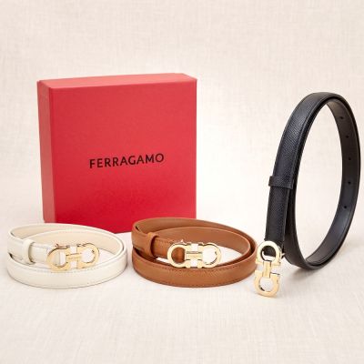 Salvatore Ferragamo GANCINI 16mm 金釦防刮牛皮細版腰帶-多色可選