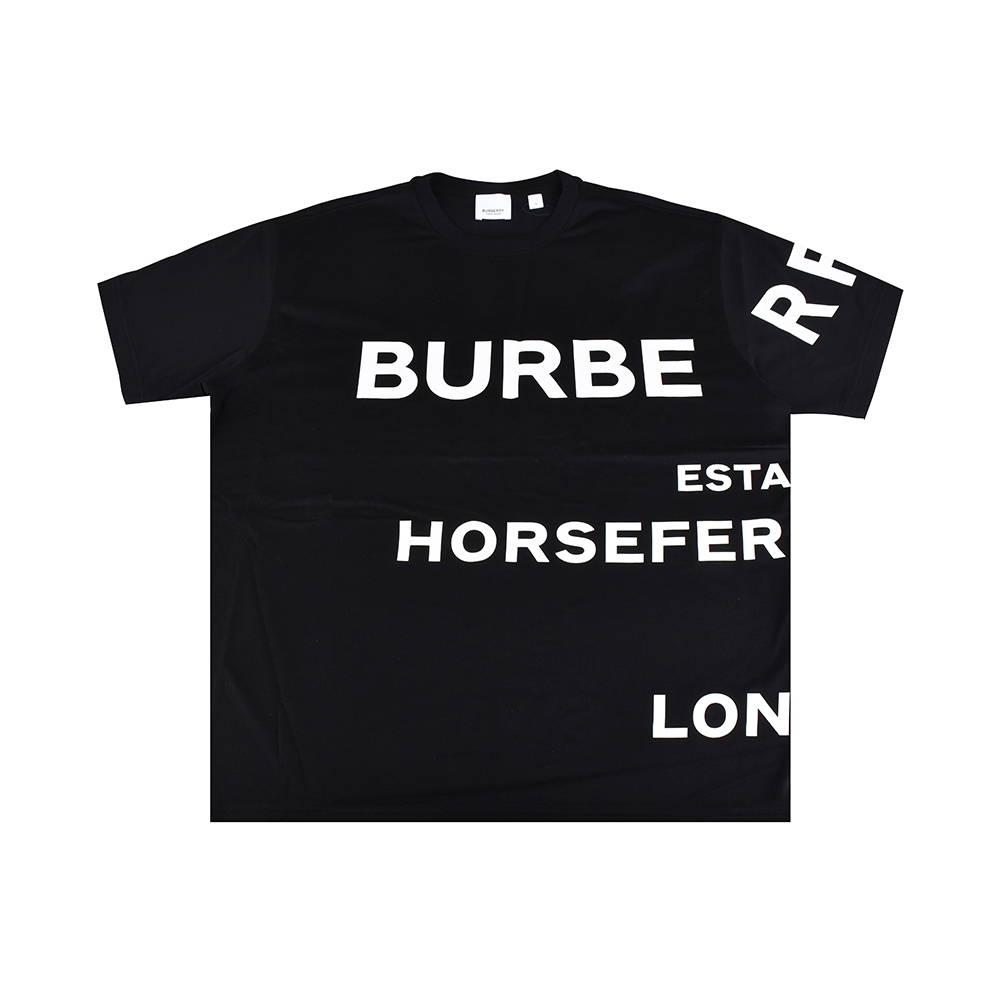 BURBERRY 巴寶莉  HORSEFERRY 白字印花LOGO大寫字母設計純棉寬鬆短袖T恤(女款/黑)