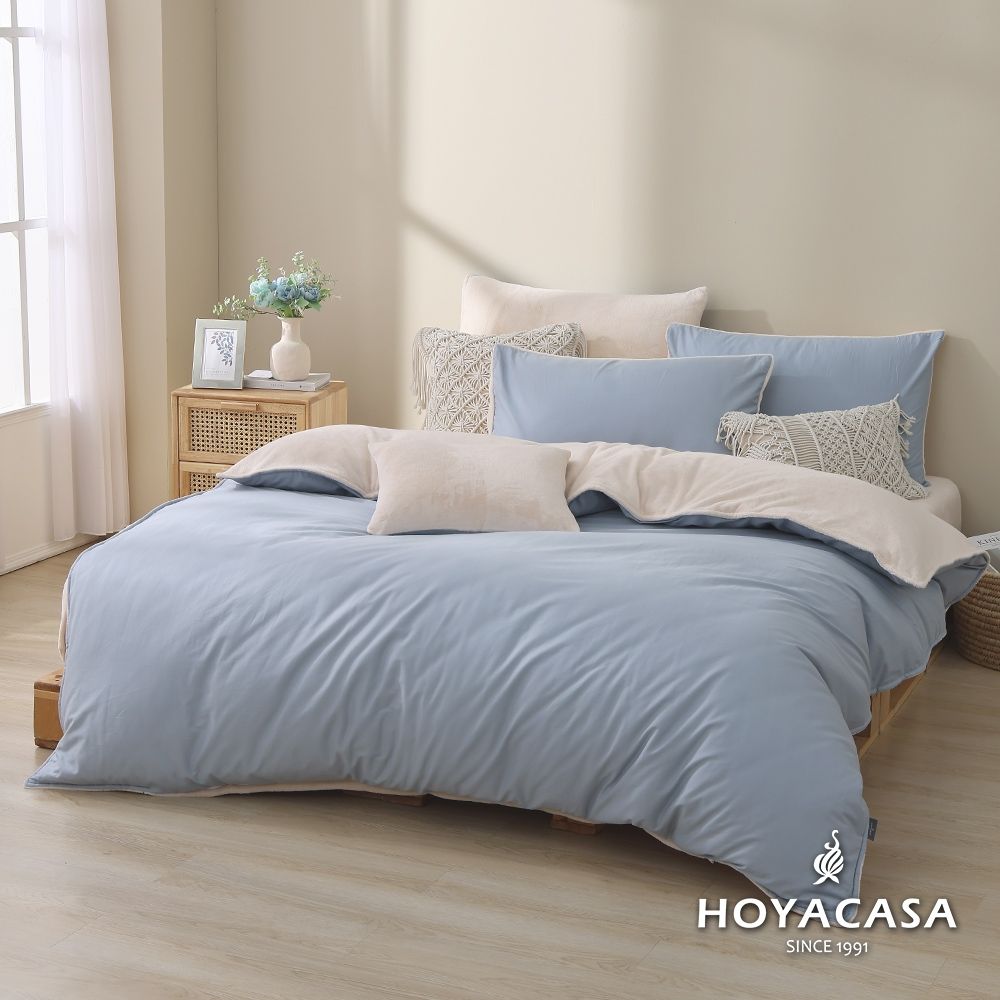 HOYACASA 雙人雪棉絨兩用被床包組-北境微藍